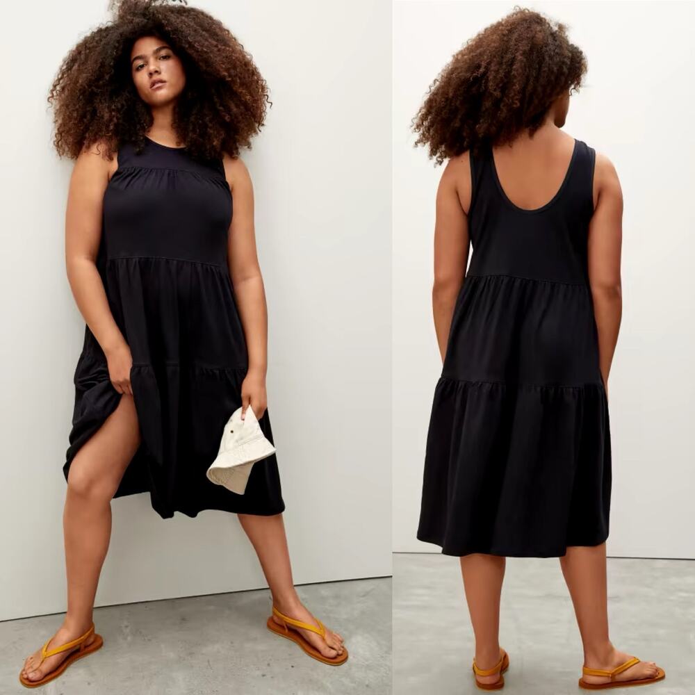 Everlane The Weekend Tiered Dress Black Sleeveless Cotton Midi Women's XXS NWOT